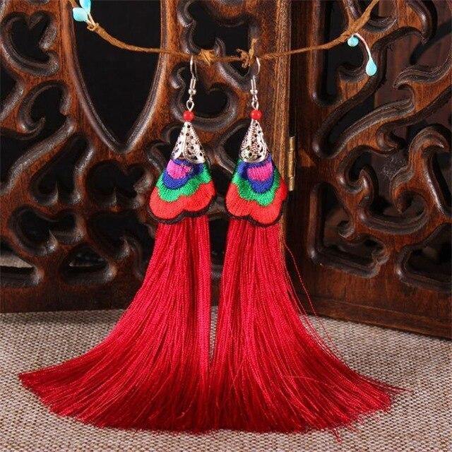 Ethnic Tibet Embroidery Long Tassel Drop Retro Bohemia Handmade Tassel Earrings