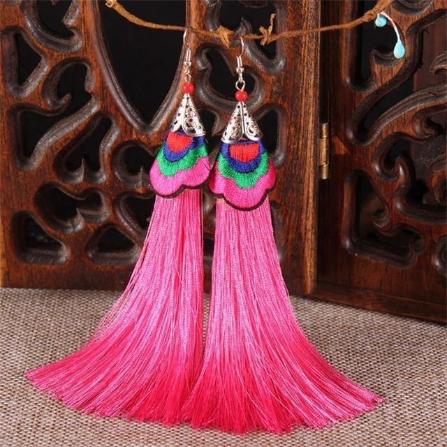 Ethnic Tibet Embroidery Long Tassel Drop Retro Bohemia Handmade Tassel Earrings