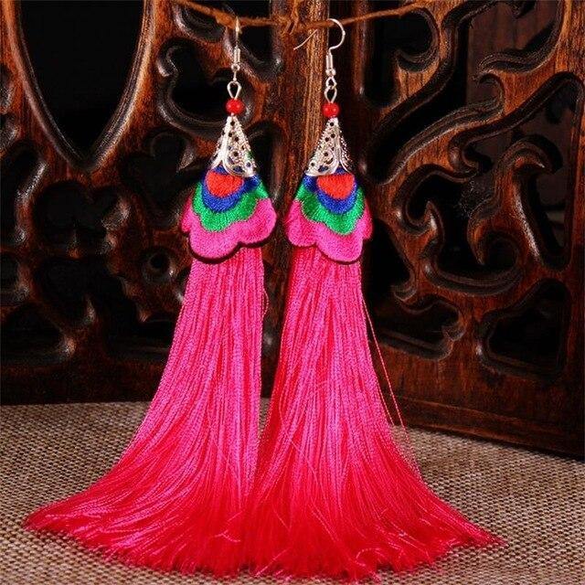 Ethnic Tibet Embroidery Long Tassel Drop Retro Bohemia Handmade Tassel Earrings