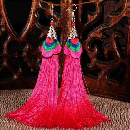 Ethnic Tibet Embroidery Long Tassel Drop Retro Bohemia Handmade Tassel Earrings
