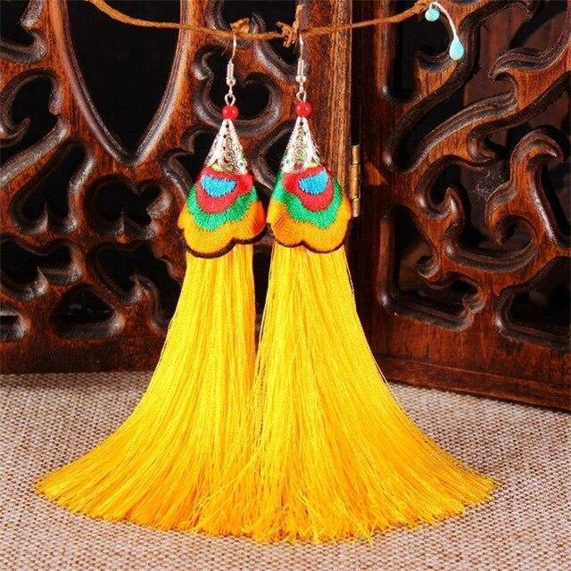 Ethnic Tibet Embroidery Long Tassel Drop Retro Bohemia Handmade Tassel Earrings