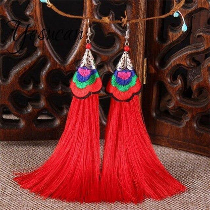Ethnic Tibet Embroidery Long Tassel Drop Retro Bohemia Handmade Tassel Earrings