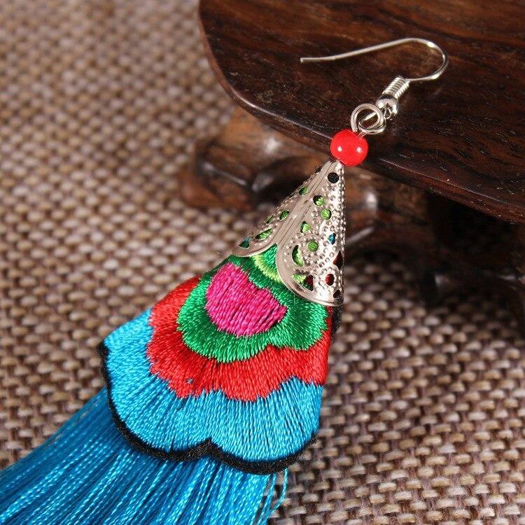 Ethnic Tibet Embroidery Long Tassel Drop Retro Bohemia Handmade Tassel Earrings