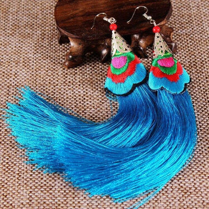 Ethnic Tibet Embroidery Long Tassel Drop Retro Bohemia Handmade Tassel Earrings