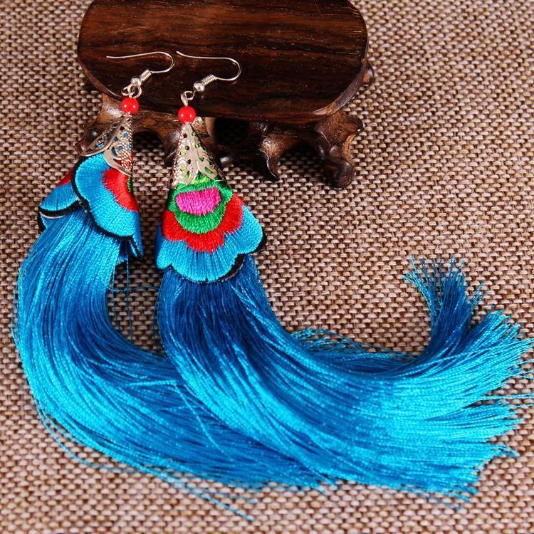 Ethnic Tibet Embroidery Long Tassel Drop Retro Bohemia Handmade Tassel Earrings