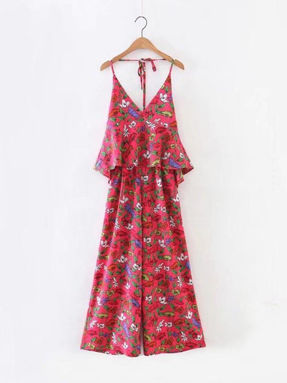 Sexy Floral-Print Off-Shoulder Deep V Neck Strape Jumpsuits