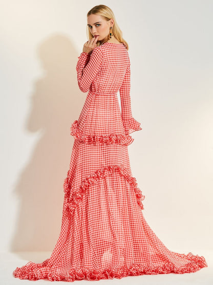 Ankle Length  Lace Deep V-Neck Dress Dragging Evening Dress