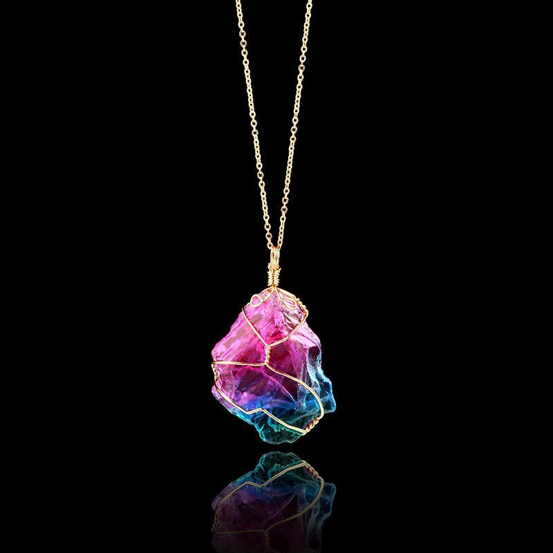 Natural Rough Crystal Pendant Transparent Multi-Color Chain Necklace