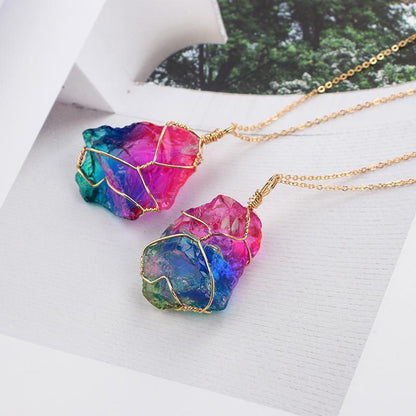 Natural Rough Crystal Pendant Transparent Multi-Color Chain Necklace