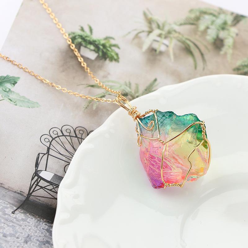 Natural Rough Crystal Pendant Transparent Multi-Color Chain Necklace