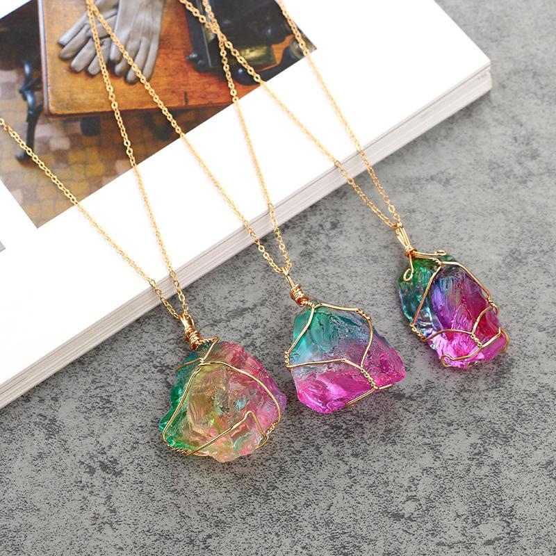Natural Rough Crystal Pendant Transparent Multi-Color Chain Necklace