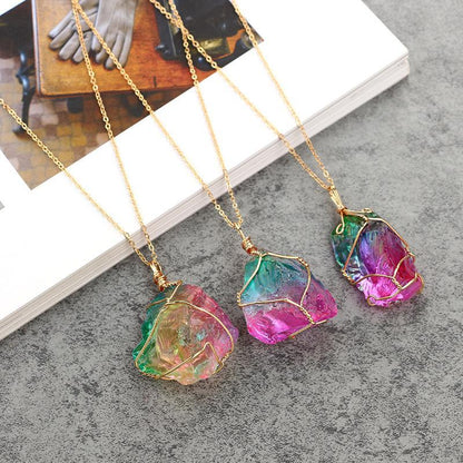 Natural Rough Crystal Pendant Transparent Multi-Color Chain Necklace