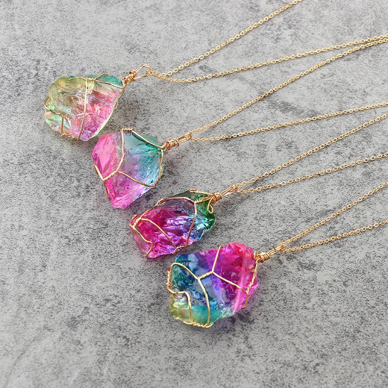 Natural Rough Crystal Pendant Transparent Multi-Color Chain Necklace