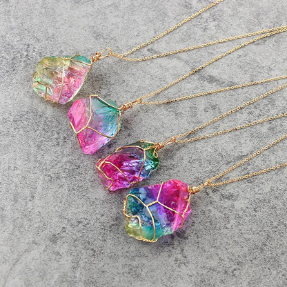 Natural Rough Crystal Pendant Transparent Multi-Color Chain Necklace