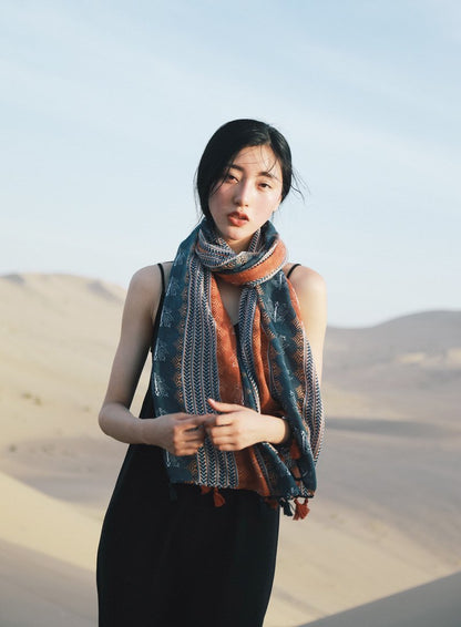 Spring Autumn Bohemian Ethnic Style Cashew Flower Tassel Scarf Sunscreen Shawl