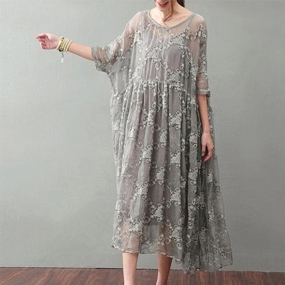 Vintage Gray Maxi Dress Trendy Plus Size Lace Gown Top Quality Bracelet Sleeved Gown ( Limited Stock)