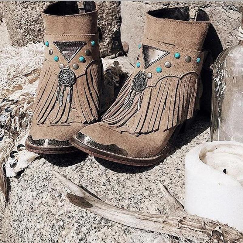 Women Ankle Boots Chunky Low Heels Ladies Vintage Pu Leather Gladiator Tassels Shoes