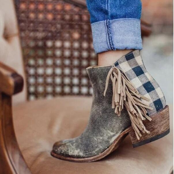 Women Ankle Boots Chunky Mid Heels Pumps Matin Vintage Pu Tassel Shoes