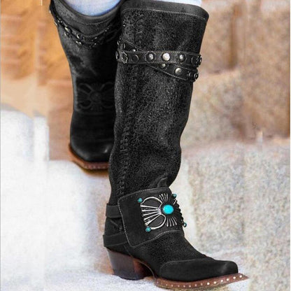 Women Knee High Heels Ethic Shoes Vintage Pu Leather High Boots
