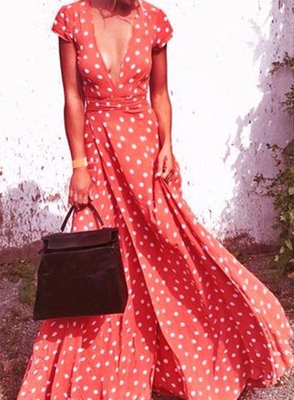 Women S Boho Polka Dots Deep V Neck Short Sleeve Maxi Dress