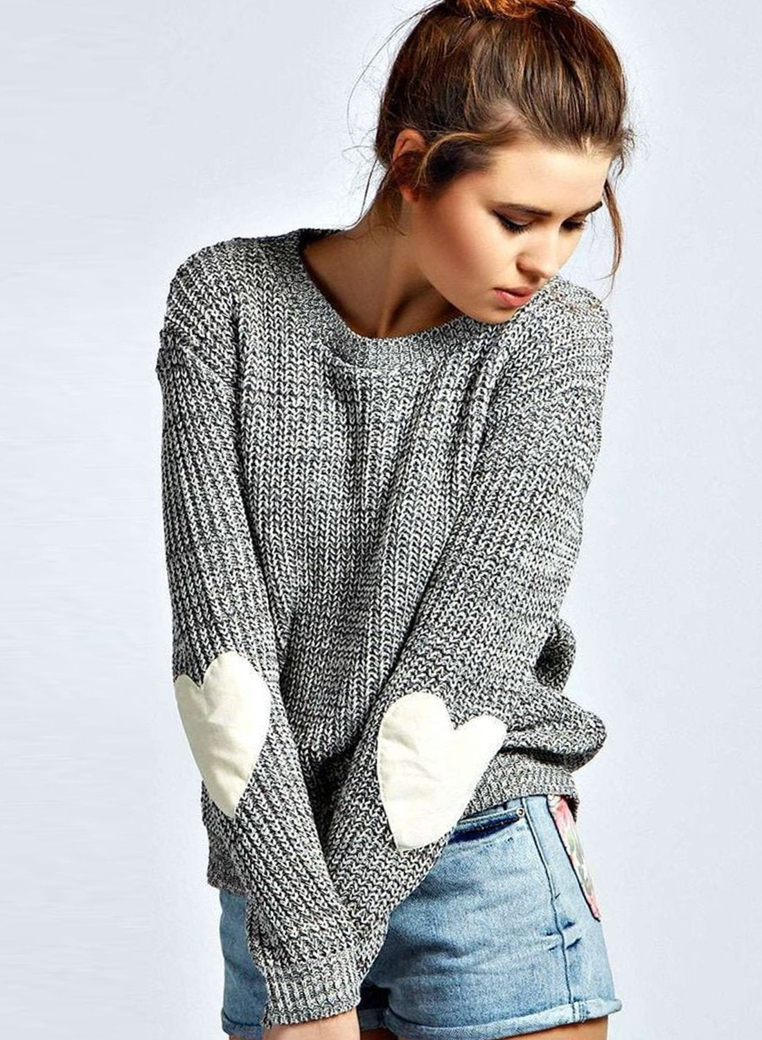 Women S Long Sleeve Beautiful Heathered Heart Patch Pullover Knit Sweater