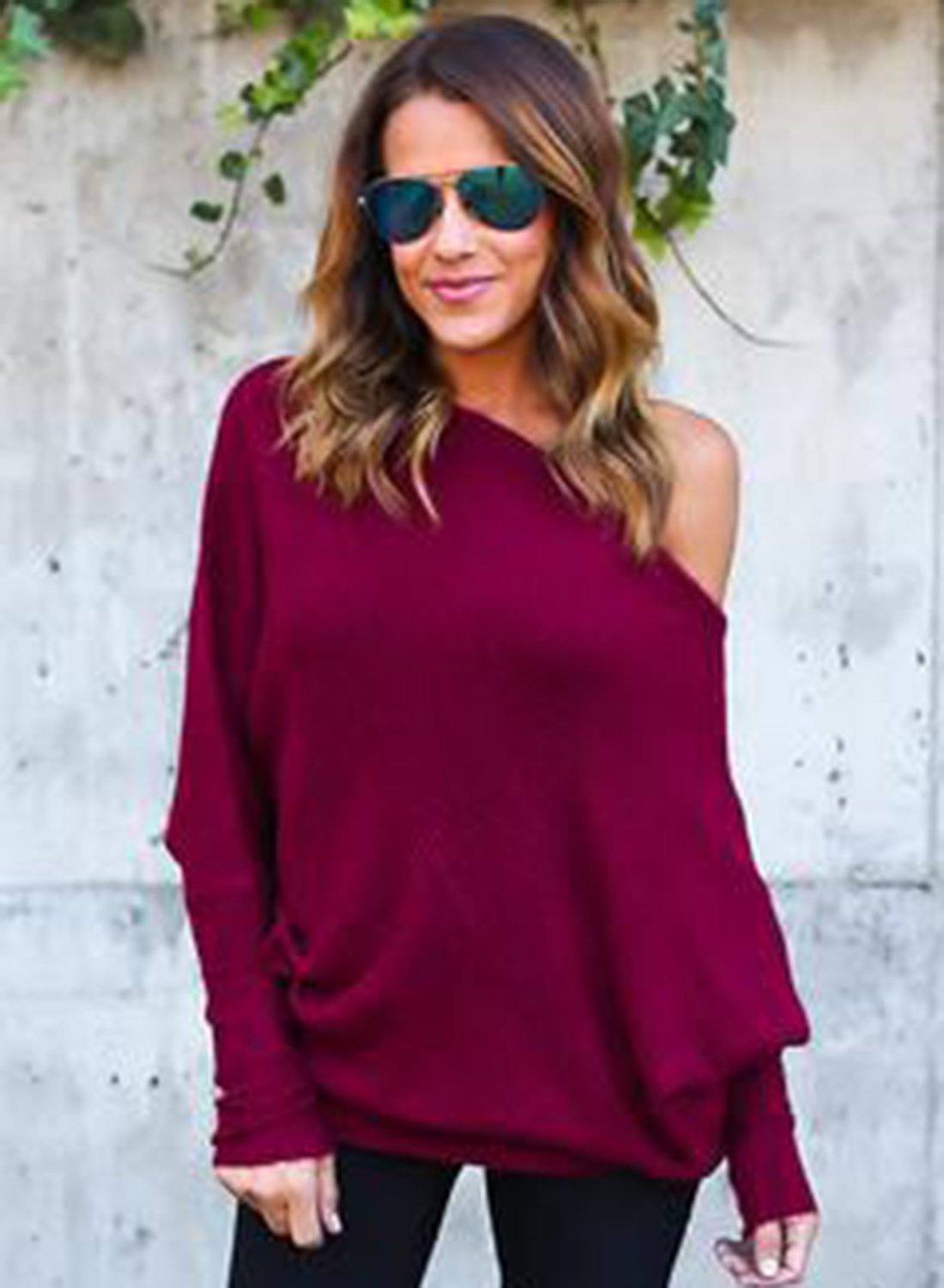 Women S Polyester Off Shoulder Batwing Sleeve Knitting Sweater