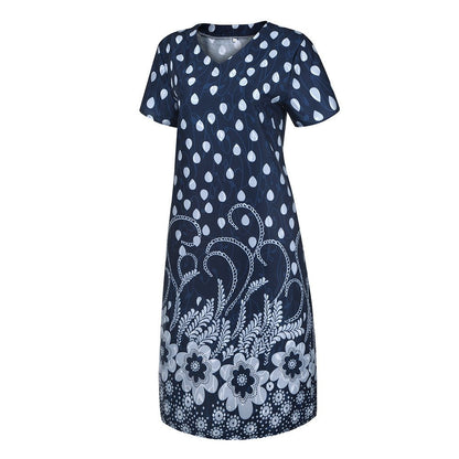 Summer Dot Floral Print V-Neck Short Sleeves Midi Dress