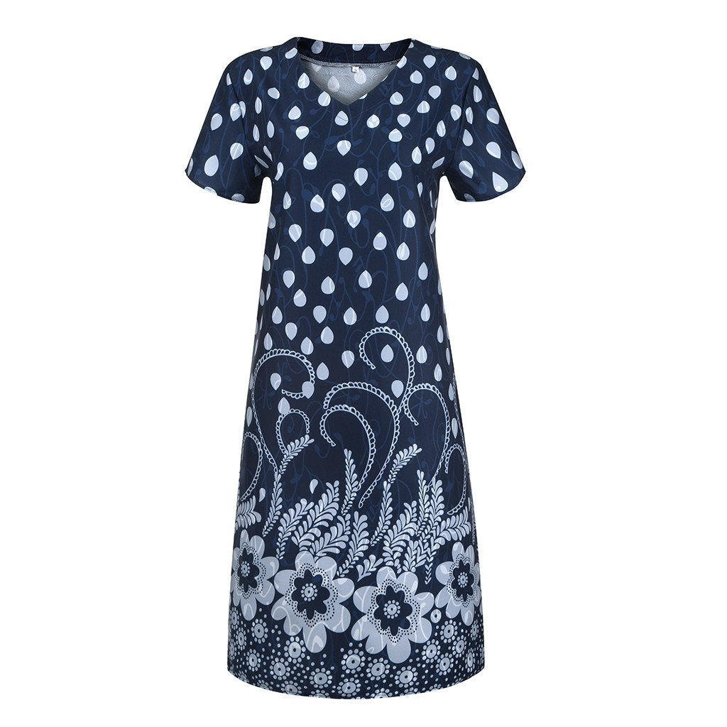 Summer Dot Floral Print V-Neck Short Sleeves Midi Dress