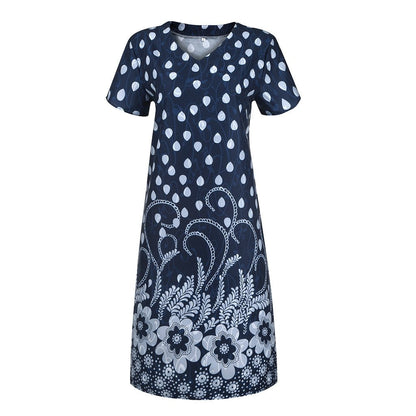 Summer Dot Floral Print V-Neck Short Sleeves Midi Dress