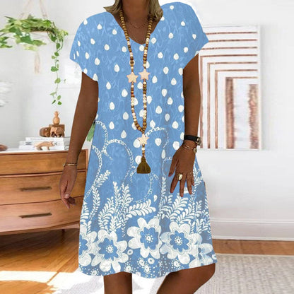 Summer Dot Floral Print V-Neck Short Sleeves Midi Dress