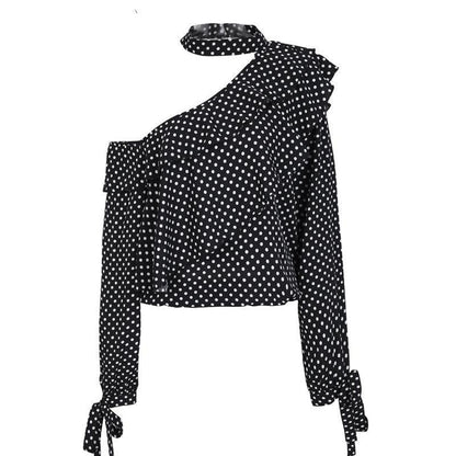 Sexy One Shoulder Polka Dot Lantern Sleeve Blouse Shirt
